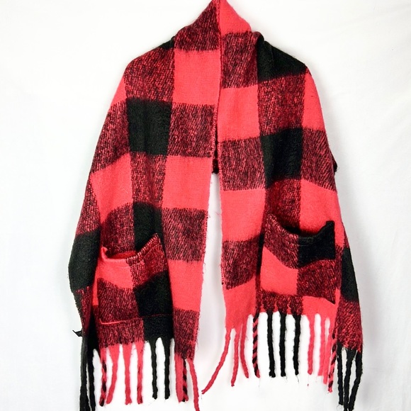 🧣🖤Red & Black Plaid Super Soft Cozy Big Pockets Scarf Shawl Wrap w/Fringe - Picture 7 of 7